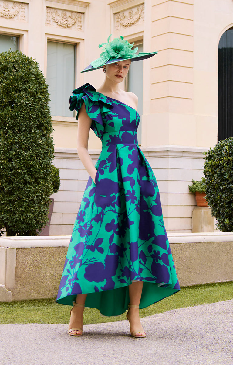 Rosa Clará Couture Club 1G2L3 Printed Mikado High-Low Dress in Royal Blue and Green – Occasionwear for Mother of the Bride