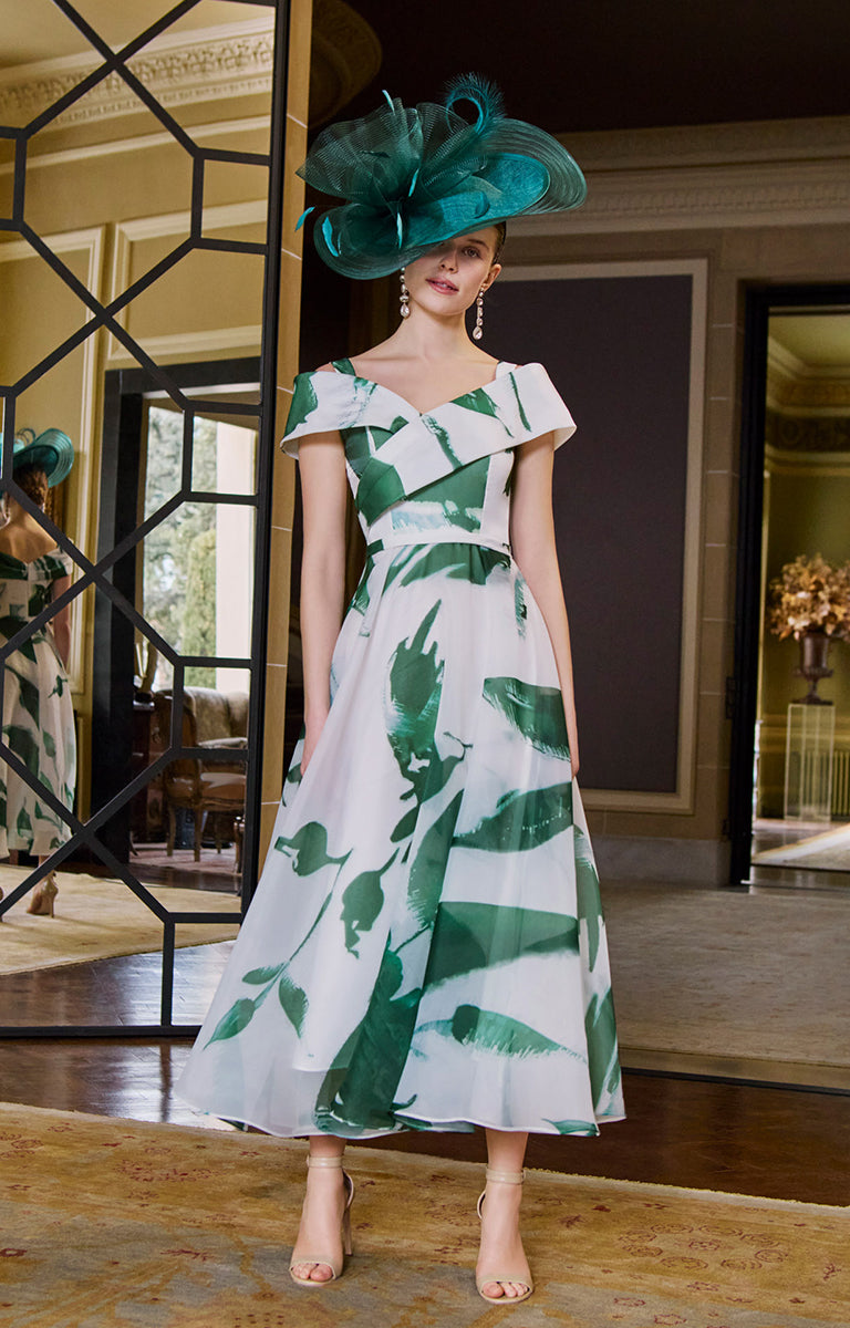 Rosa Clará Couture Club 1G2M8 Elm Green and White Off-the-Shoulder Dress with Organza Shawl – Occasionwear for Mother of the Bride