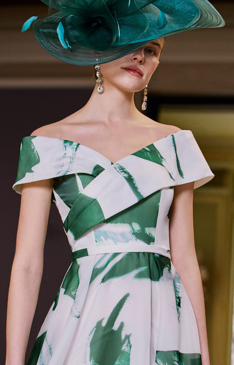 Rosa Clará Couture Club 1G2M8 Elm Green and White Off-the-Shoulder Dress with Organza Shawl – Occasionwear for Mother of the Bride