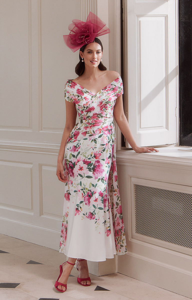 John Charles 66743 - Spring Floral Off-the-Shoulder Midi Dress with Detachable Overskirt