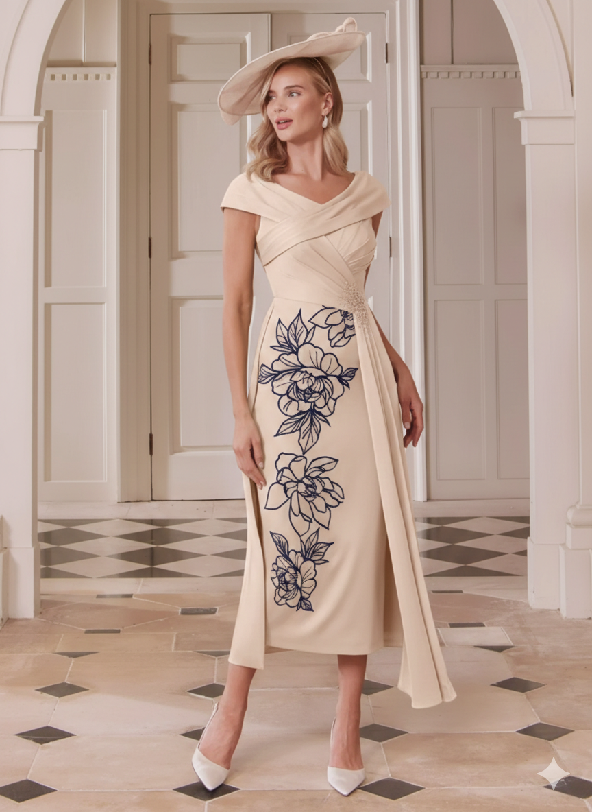 Woman wearing John Charles 66770 - Navy and Oyster Floral A-Line Midi Dress in luxurious crepe with bold navy floral embroidery in an elegant interior setting.
