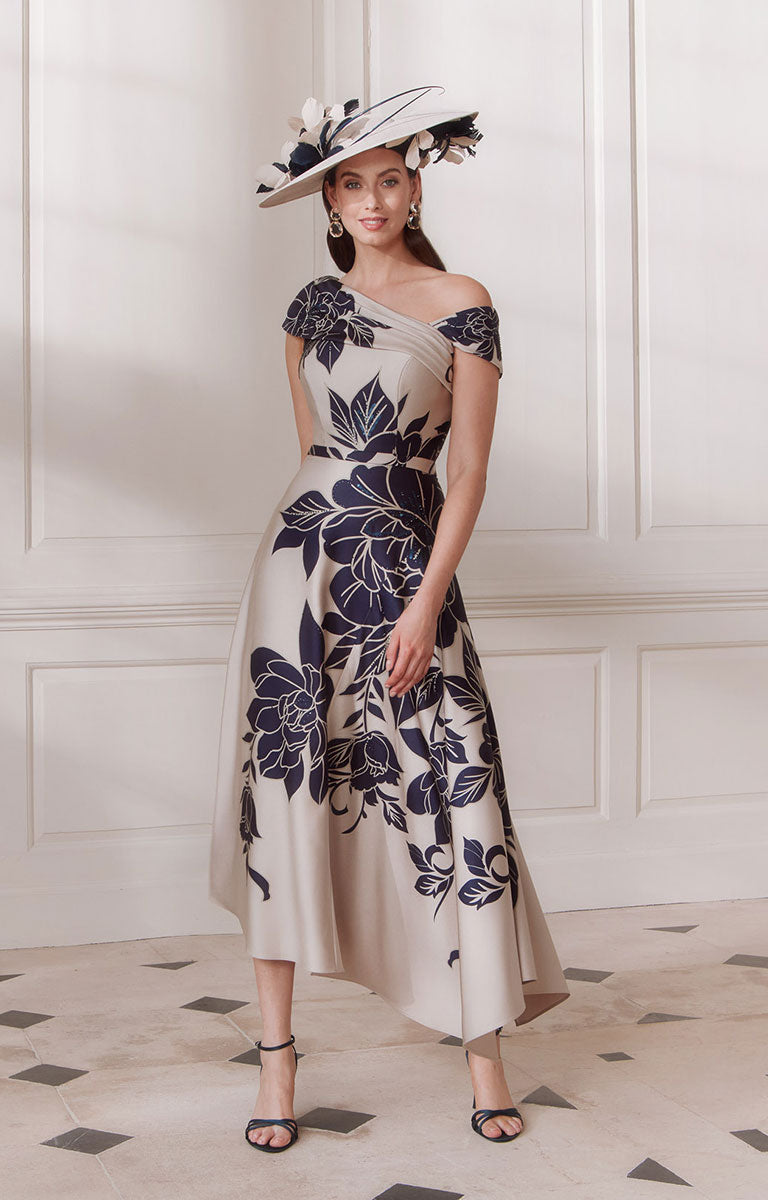 Lady wearing John Charles 66770 - Navy and Oyster Floral A-Line Midi Dress. 