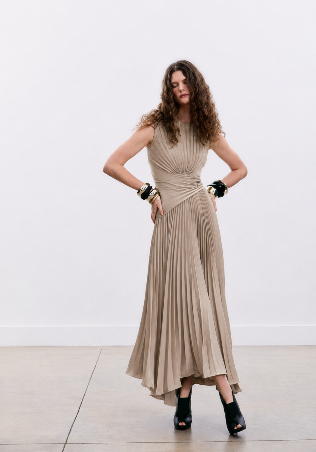 Woman wearing Maisonel ME3216A - Luxurious Latte Occasion Dress with Modern Feminine Silhouette against a white background