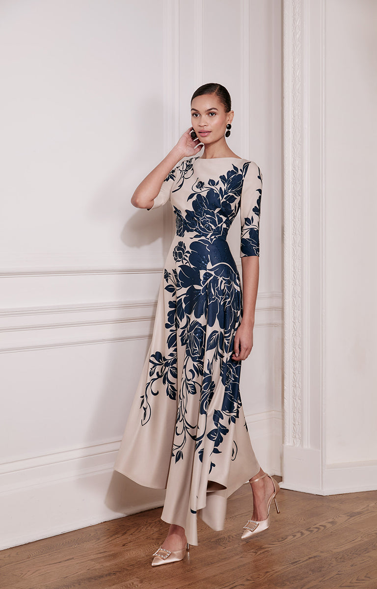 chinese dress ladies 66745 Printed Chiffon Dress with Lace Sleeves & Beaded Waist main image 1